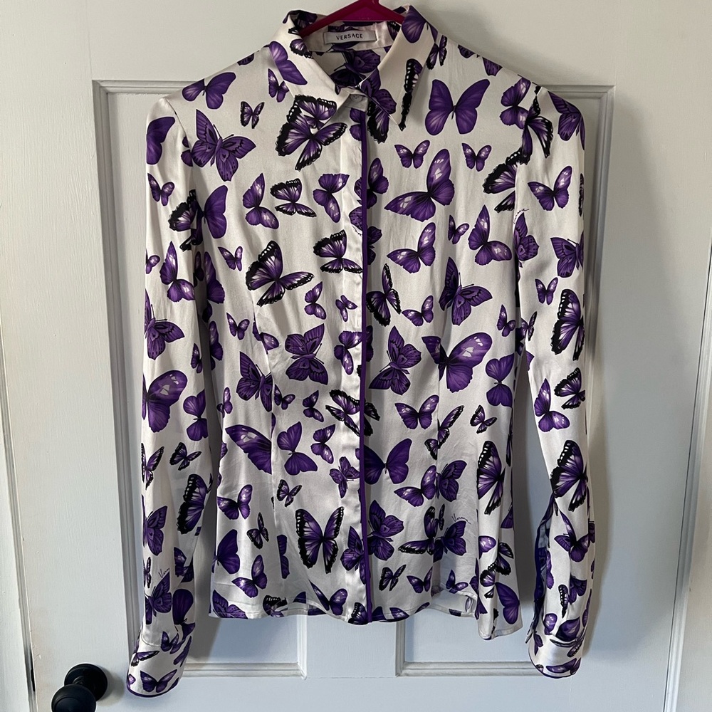 Versace Purple Butterfly Print Women's Blouse